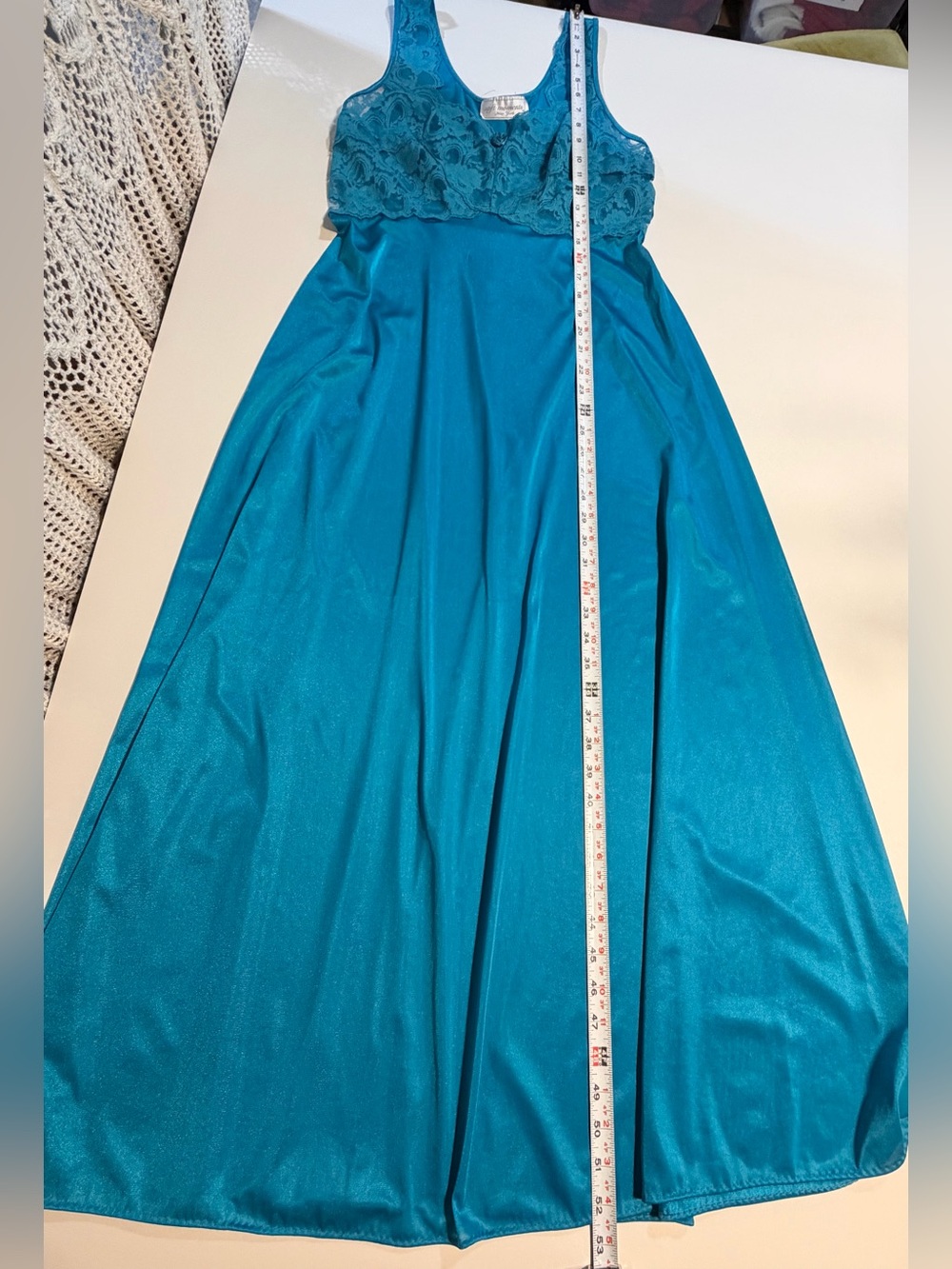 VINTAGE 80s lace floral bodice slip dress nightgown long maxi evening teal blue‎ - Picture 9 of 9